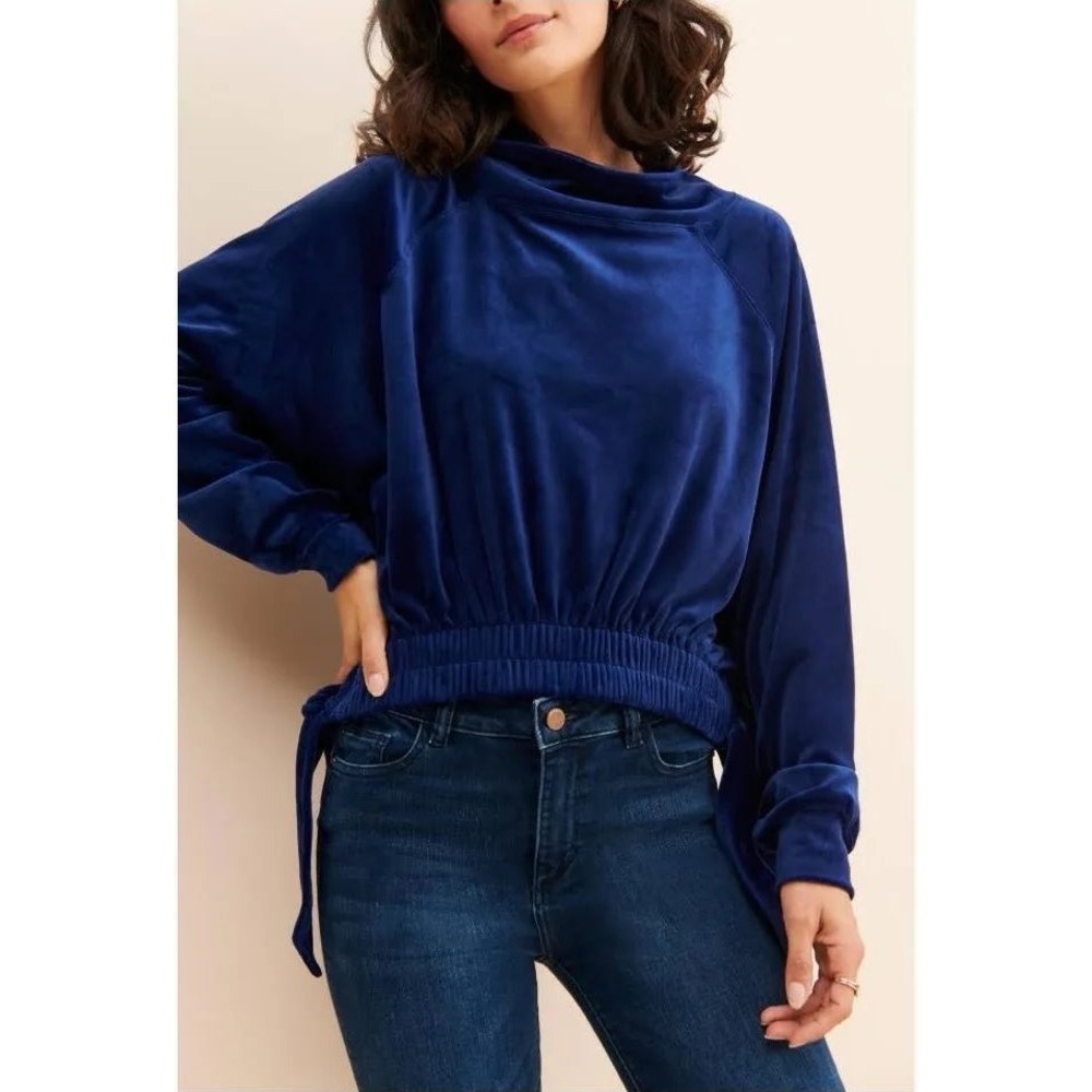 Anthropologie Daily Practice Side-Tie Velvet Pullover S Navy Funnel Neck Top